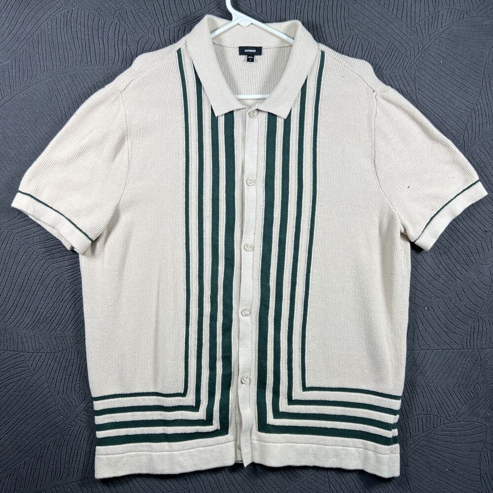 Express XL Men’s Ivory Polo Cardigan Green Stripes